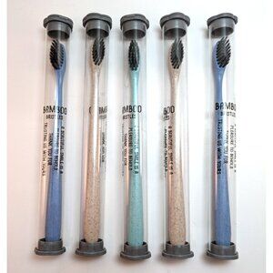 5 Toothbrush Set Bamboo Bristle Toothbrushes Smiley Travel Blue Mint Green Tan